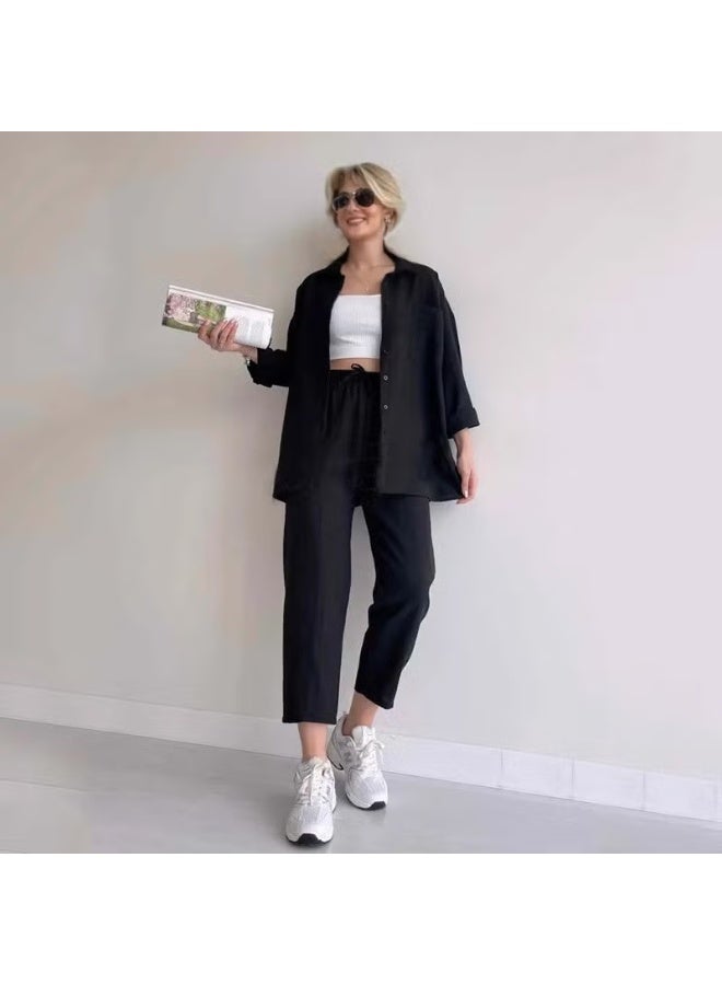 Barbora Linen Casual Two Piece Suit Pants Shirt LN21SIYAH14 - Image 1